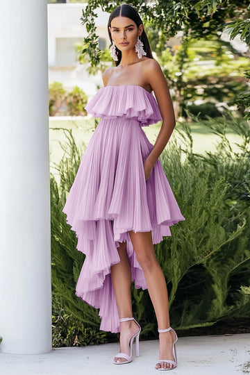 Lilac Strapless Chiffon Midi Formal Dress with Ruffles